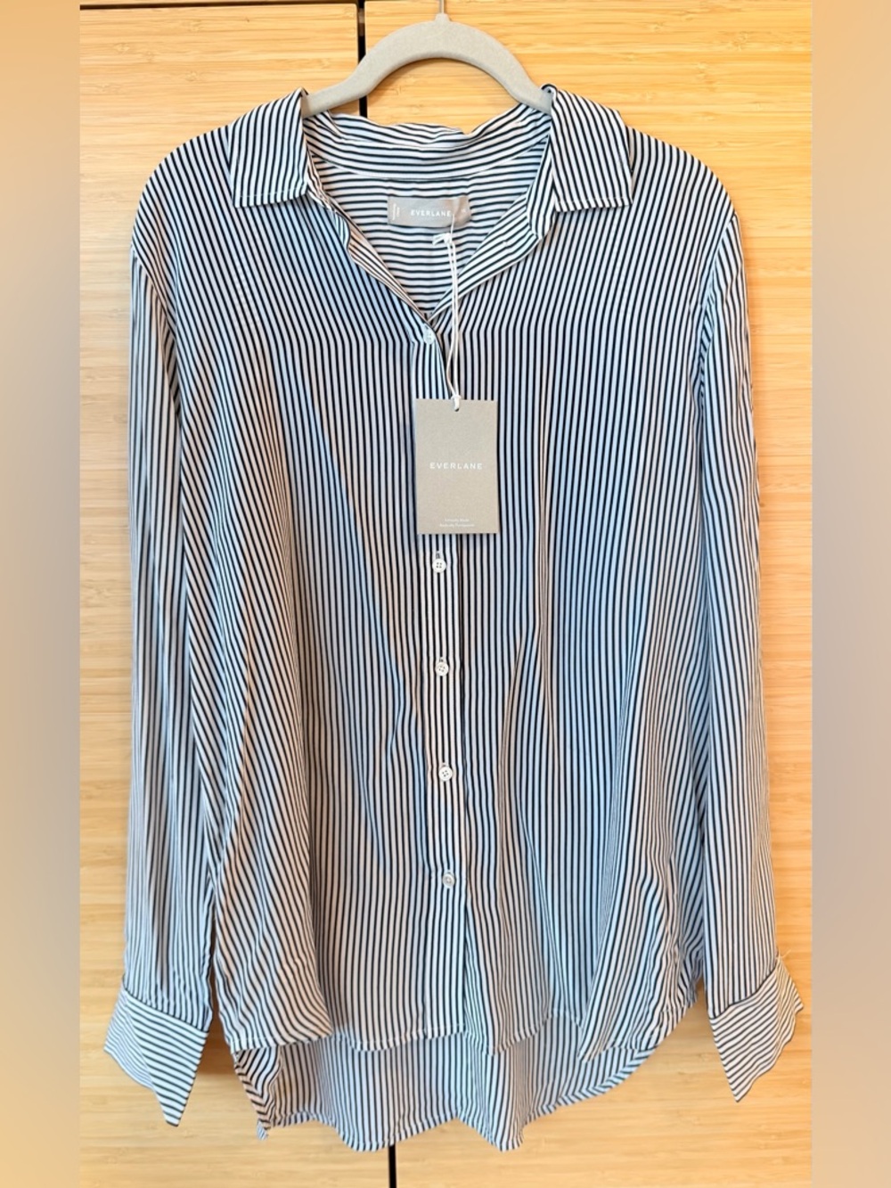 Everlane Black & White Vertical Stripe Button-Down Shirt, 100% Silk